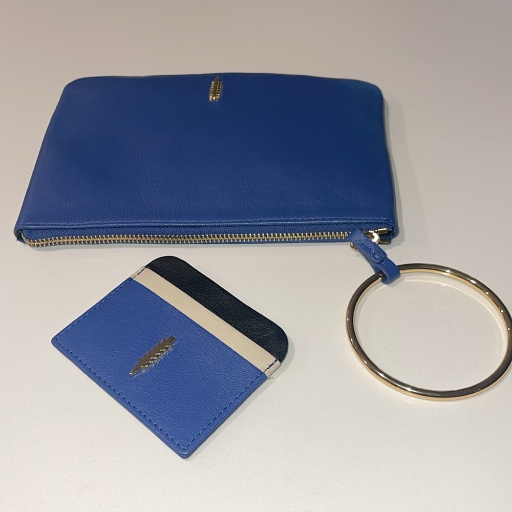 THACKER (EUC) New York Gia Blue Leather Zip Top Clutch Purse Includes Card Case.